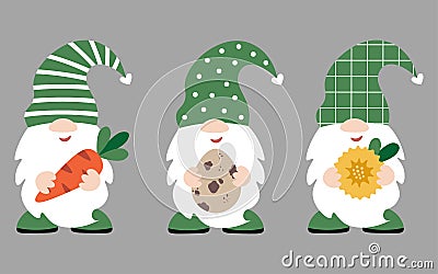 Easter gnomes hold different things in their hands: carrot egg dandelion flower. Holiday set. Baby dwarf Easter decor. Vector Illustration